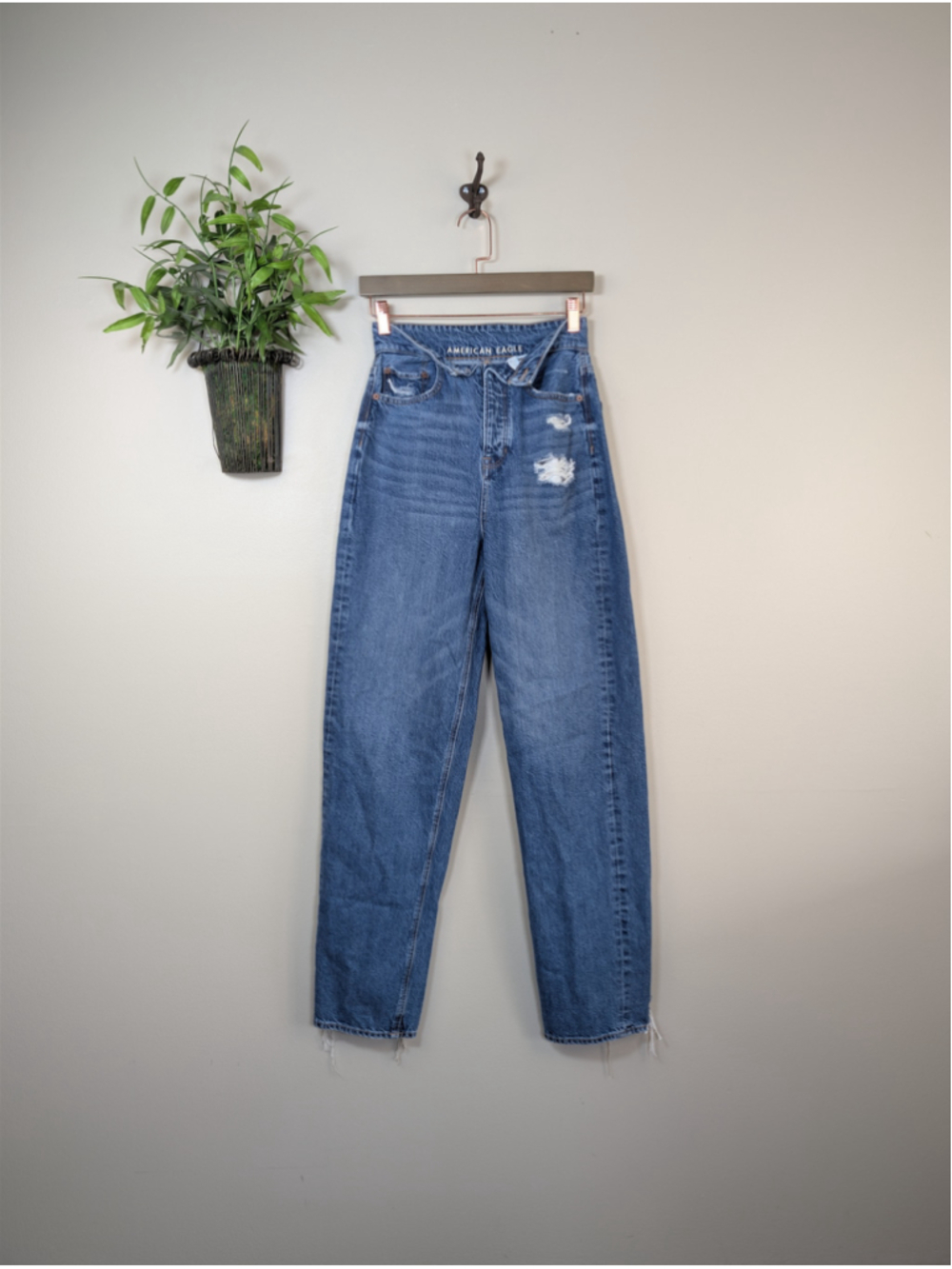 American Eagle 2 Fold Over Waist Baggy Mom Relaxed Jeans Distressed Medium AE